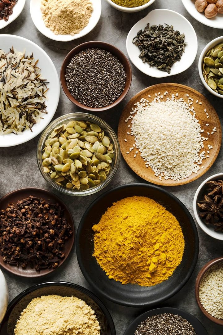 Arrangement food powder seeds bowls